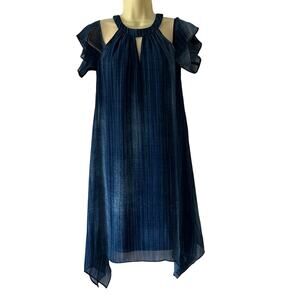 Chico’s Blue Striped Chiffon Cold Shoulder Dress Asymmetrical Hemline